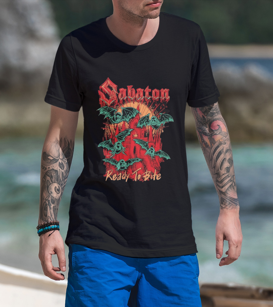 Sabaton Ready To Bite Halloween Spooky Bats Castle Scene T-Shirt