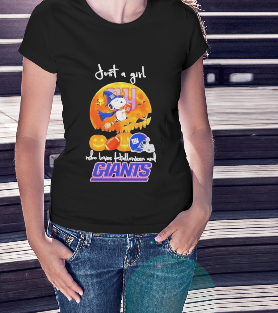 Just A Girl Who Loves Halloween New York Giants Snoopy Woodstock T-Shirt