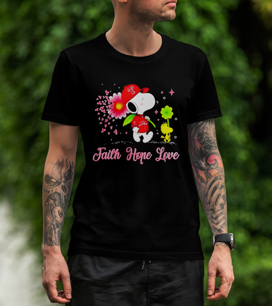 Texas Rangers Snoopy Faith Hope Love Breast Cancer Awareness 2026 T-Shirt