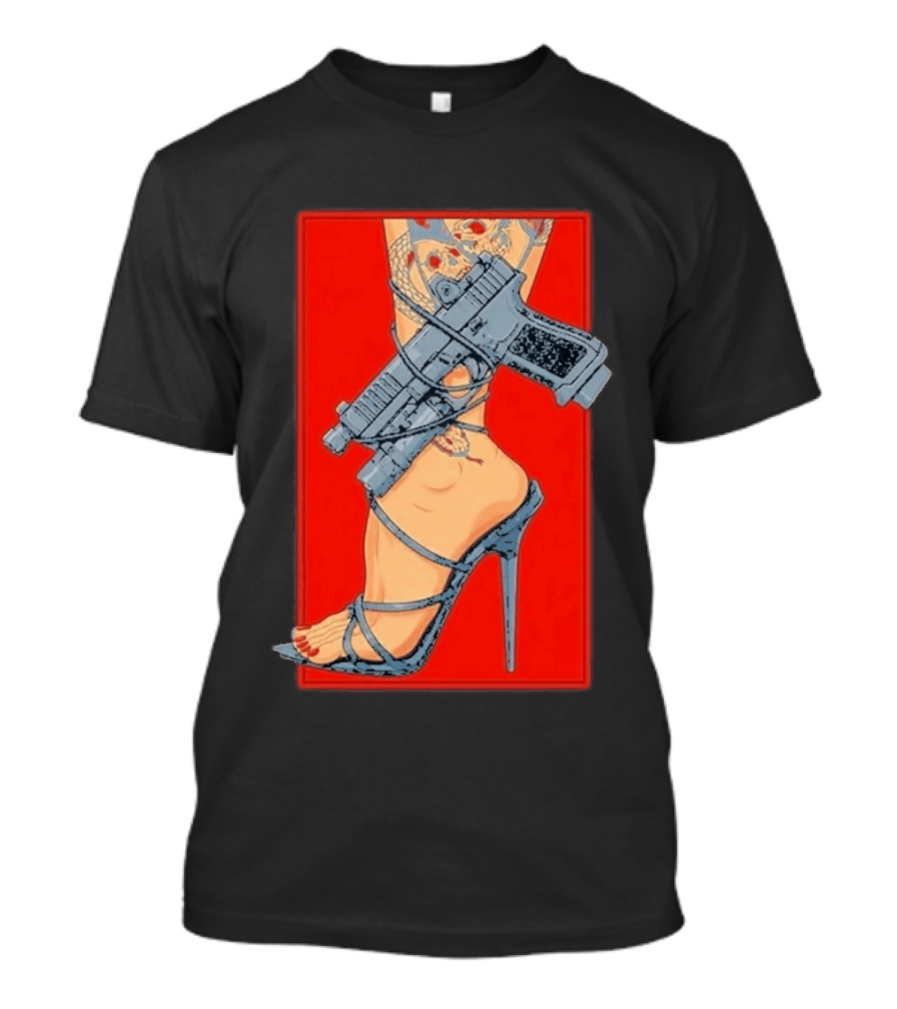 High Heel Stiletto With Gun And Tattoo Art On Red T-Shirt
