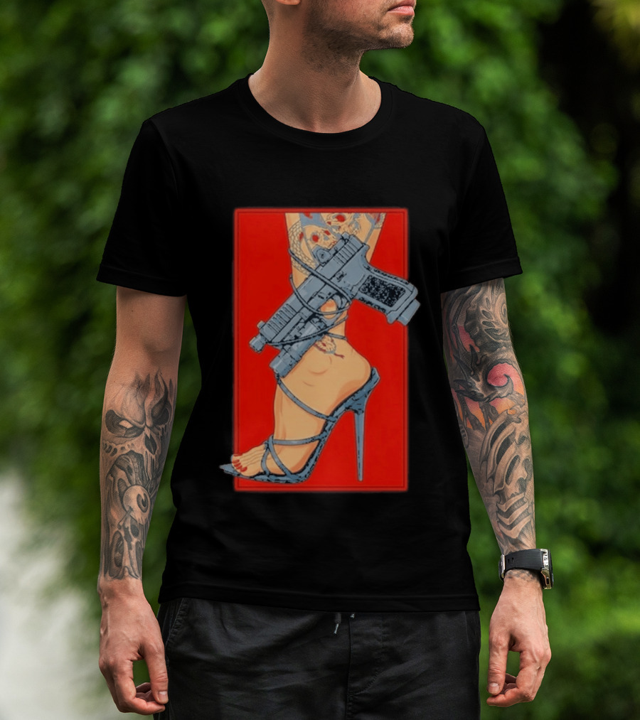 High Heel Stiletto With Gun And Tattoo Art On Red T-Shirt