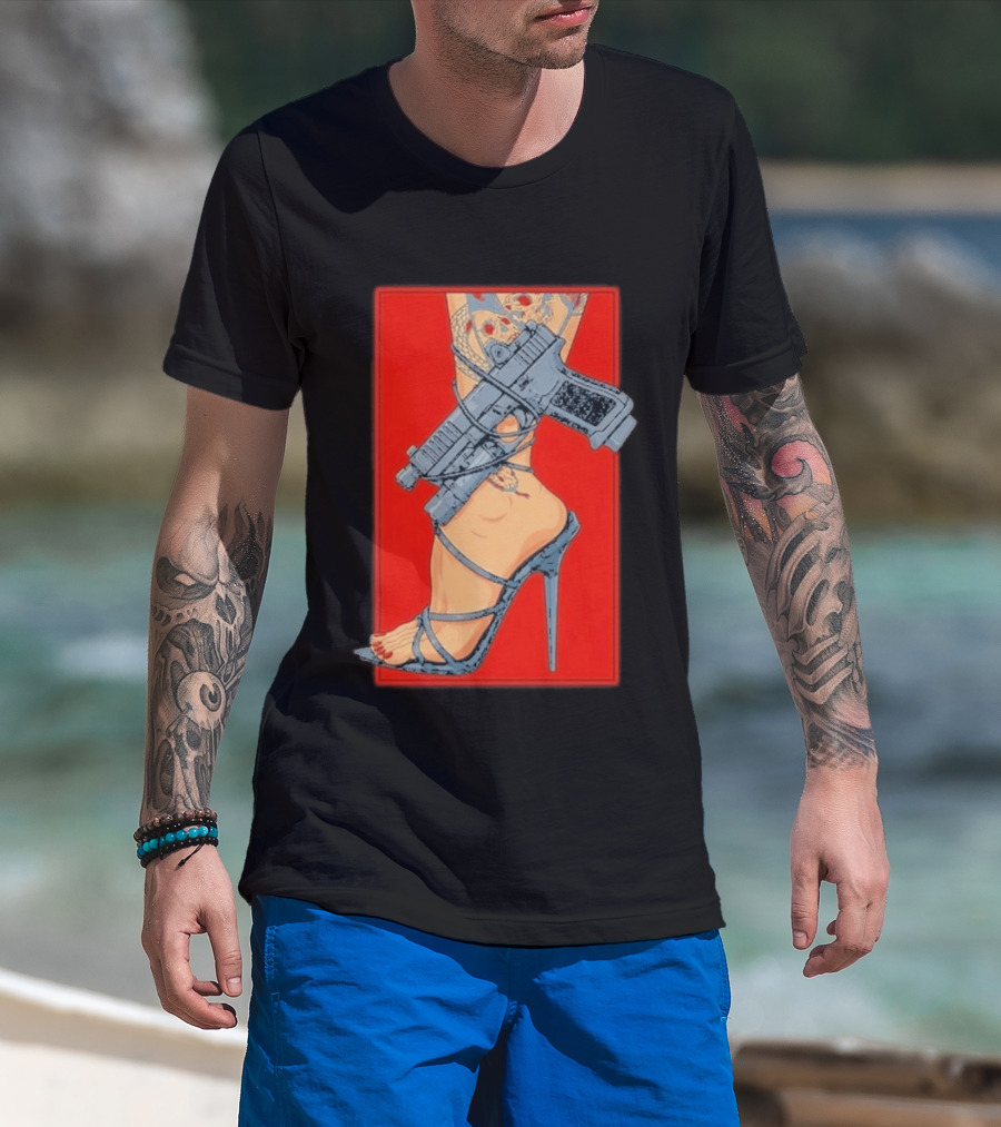 High Heel Stiletto With Gun And Tattoo Art On Red T-Shirt