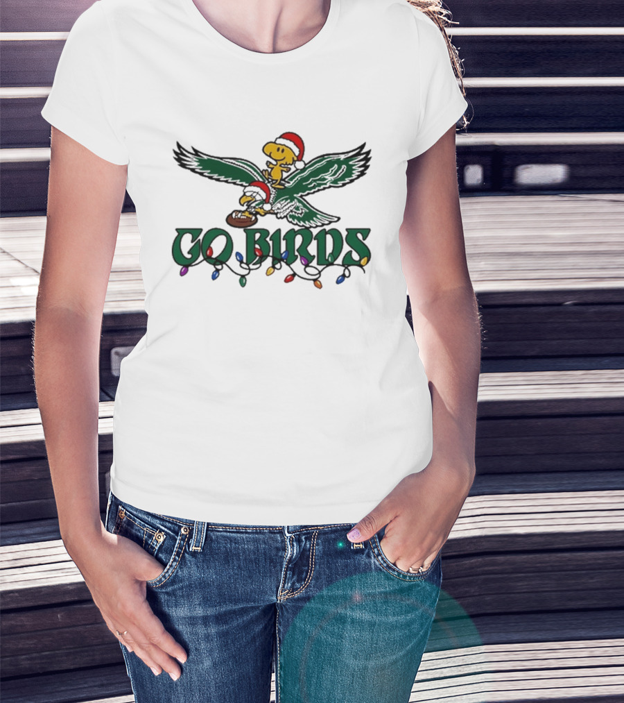 Snoopy And Woodstock Riding Philadelphia Eagles Christmas Go Birds T-Shirt