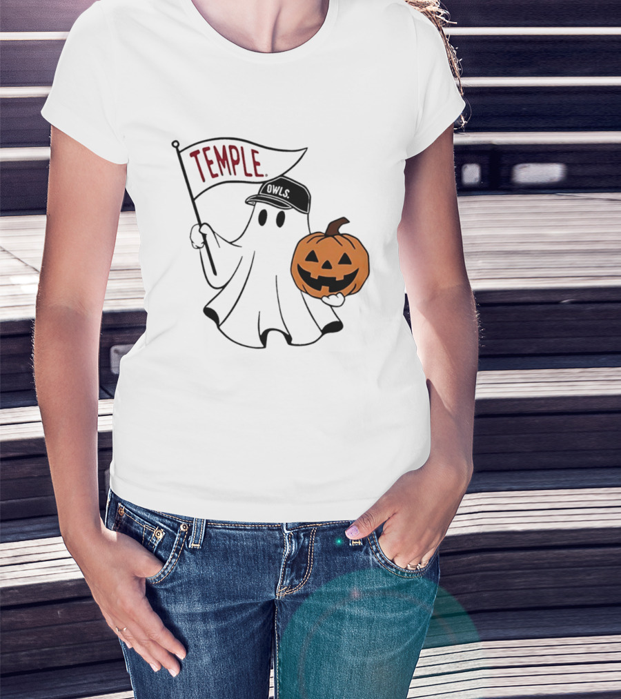 Temple Owls Halloween Ghost With Pumpkin And Flag T-Shirt