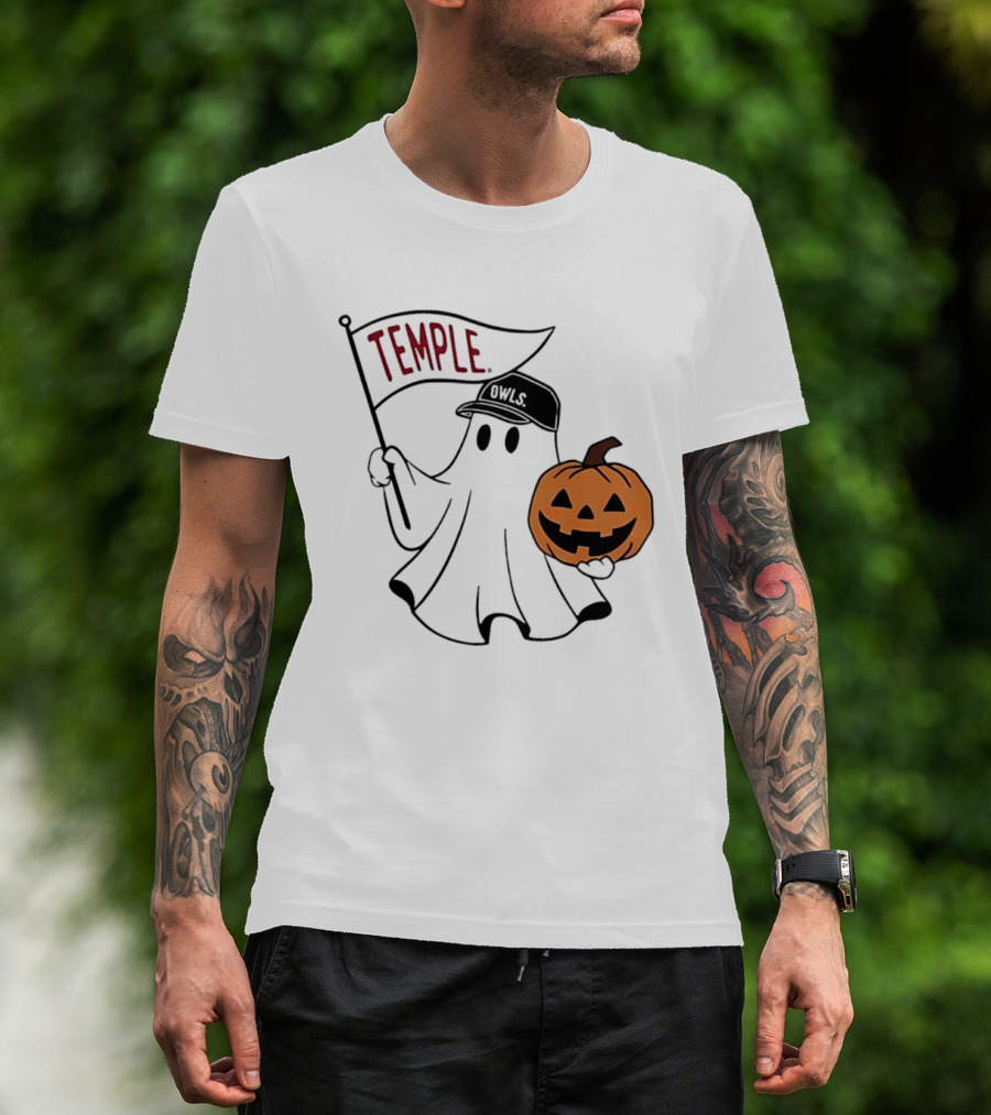 Temple Owls Halloween Ghost With Pumpkin And Flag T-Shirt