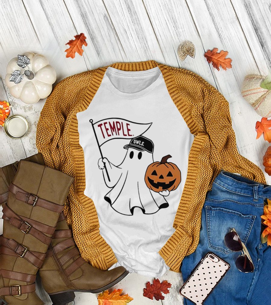 Temple Owls Halloween Ghost With Pumpkin And Flag T-Shirt