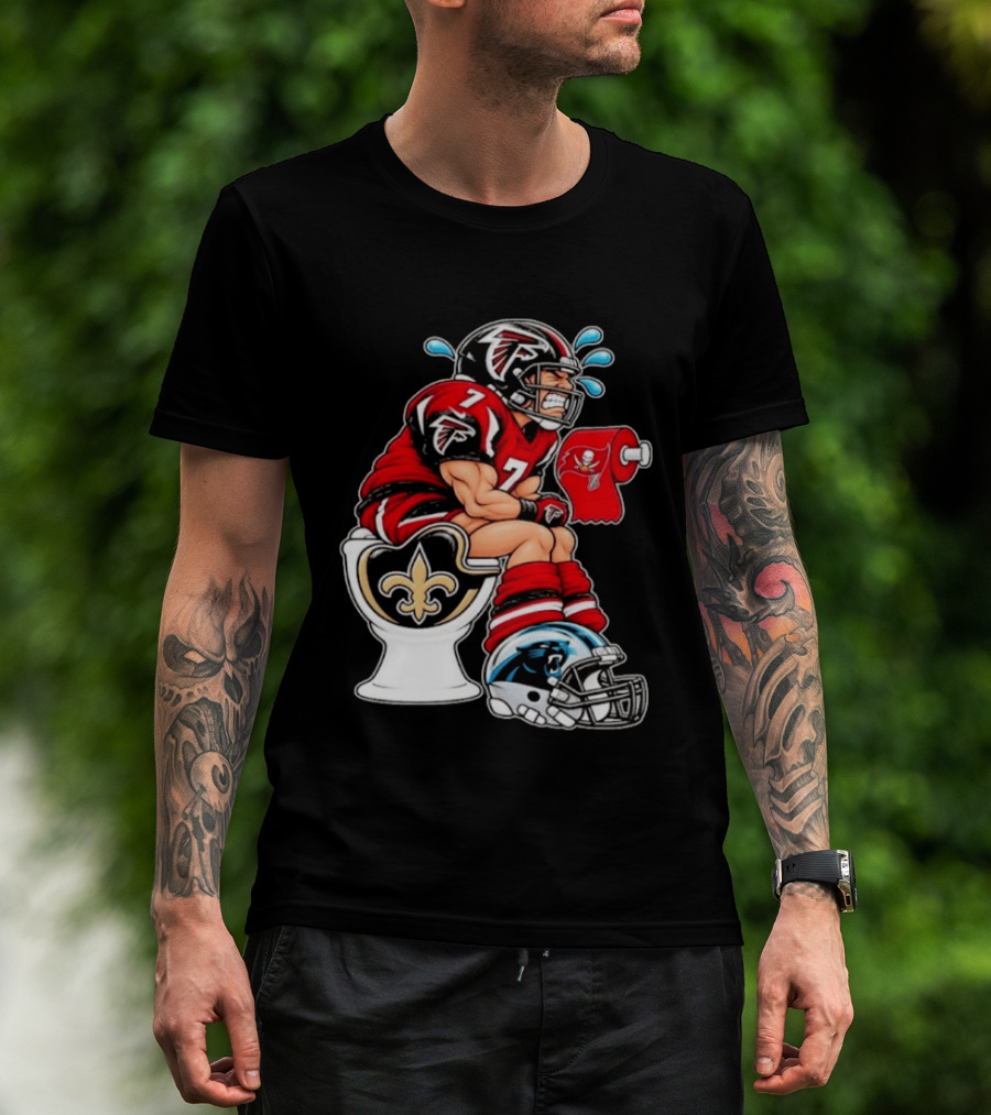Atlanta Falcons Player On Saints Toilet With Buccaneers Toilet Paper And Panthers Helmet T-Shirt