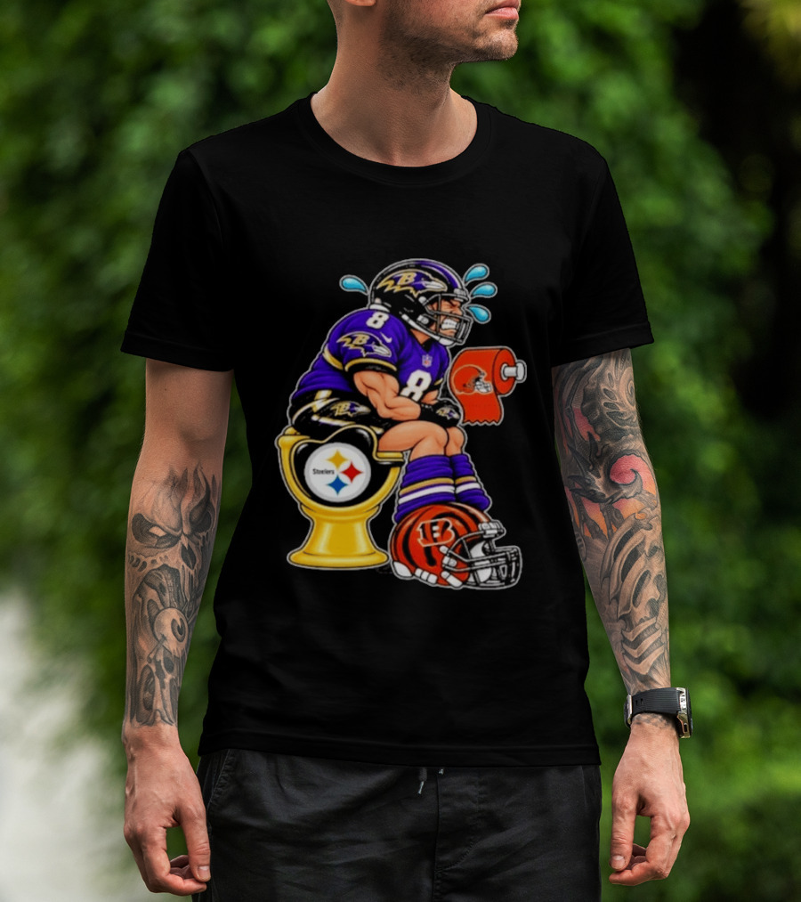 Baltimore Ravens Lamar Jackson On Steelers Toilet With Browns Toilet Paper And Bengals Helmet T-Shirt