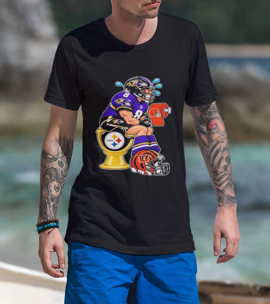 Baltimore Ravens Lamar Jackson On Steelers Toilet With Browns Toilet Paper And Bengals Helmet T-Shirt