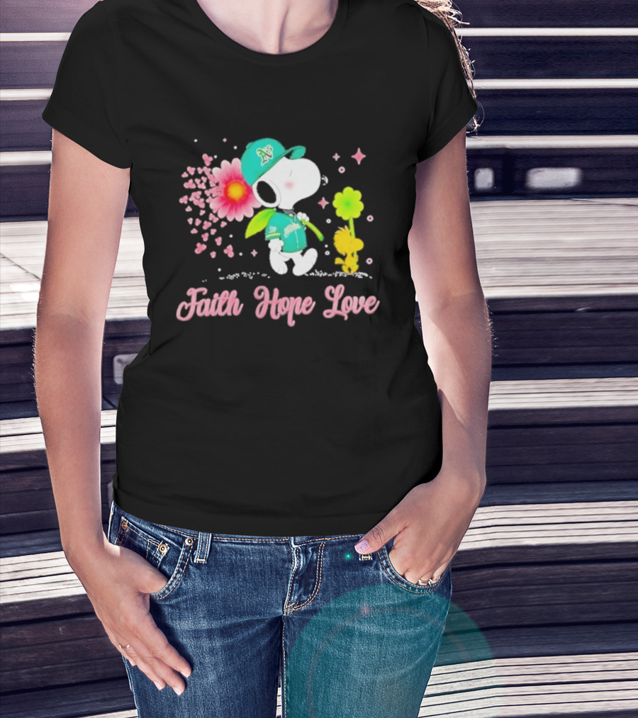 Oakland Athletics Snoopy Woodstock Faith Hope Love Breast Cancer Awareness 2026 T-Shirt