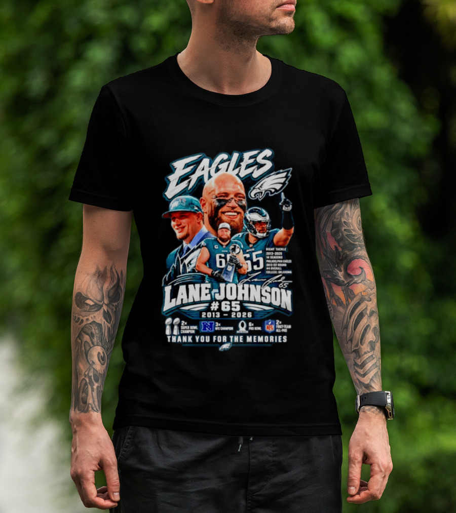 Eagles Lane Johnson #65 Philadelphia NFL Right Tackle 2013 2026 Thank You For The Memories Super Bowl Champion Pro Bowl T-Shirt