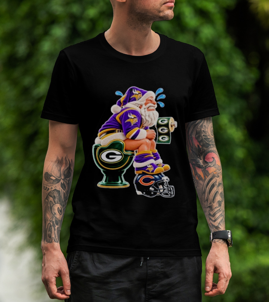 Minnesota Vikings Santa With Green Bay Packers Toilet And Chicago Bears Helmet Christmas Football T-Shirt