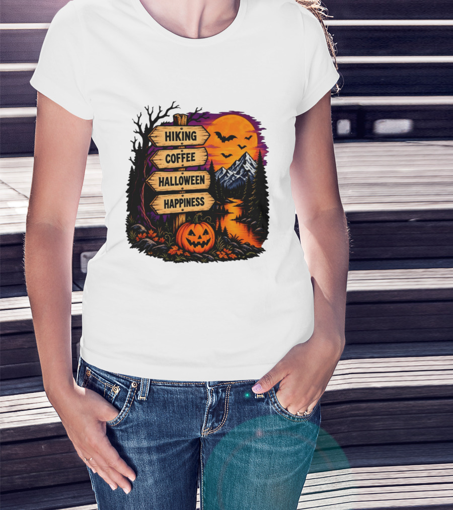 Hiking Coffee Halloween Happiness Fall Season Signpost Scenic Sunset Pumpkin Bats T-Shirt