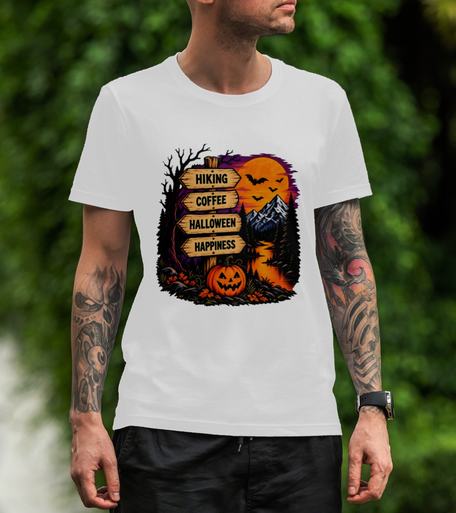 Hiking Coffee Halloween Happiness Fall Season Signpost Scenic Sunset Pumpkin Bats T-Shirt