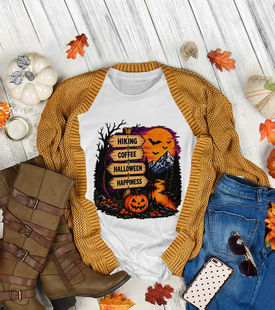 Hiking Coffee Halloween Happiness Fall Season Signpost Scenic Sunset Pumpkin Bats T-Shirt