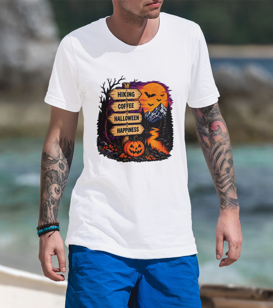 Hiking Coffee Halloween Happiness Fall Season Signpost Scenic Sunset Pumpkin Bats T-Shirt