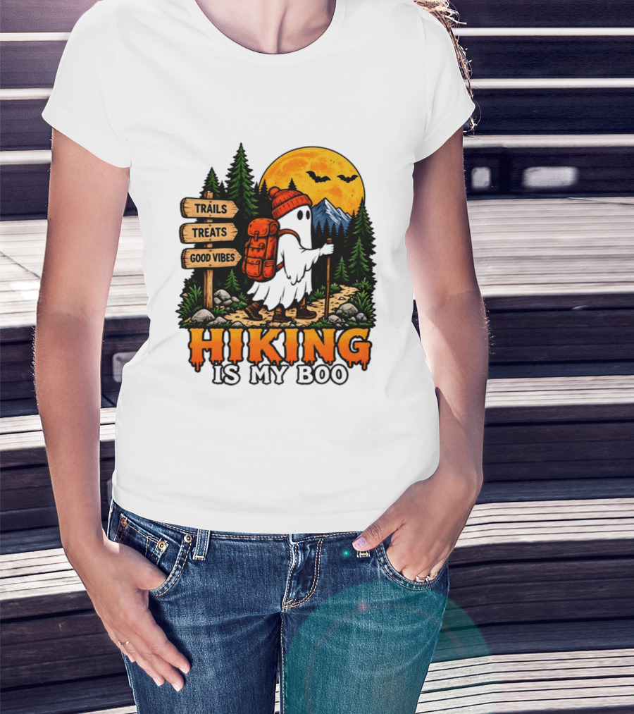 Hiking Is My Boo Ghost Trails Treats Good Vibes Halloween T-Shirt