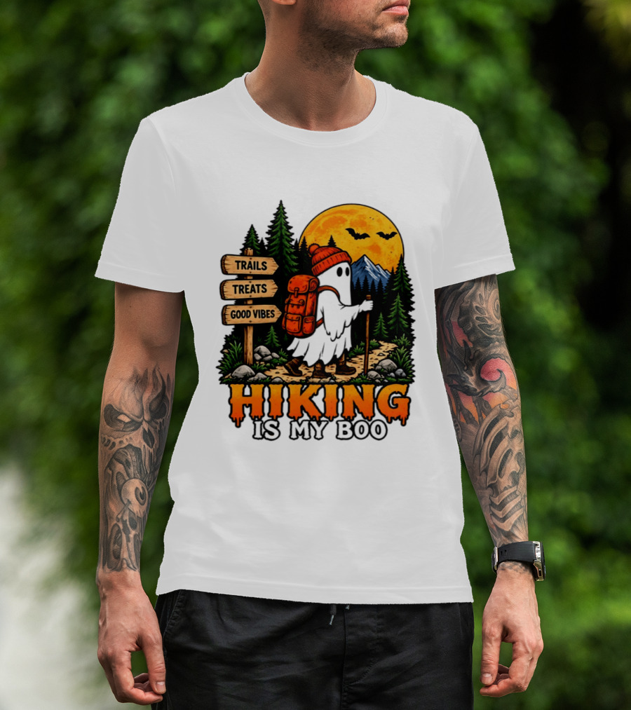 Hiking Is My Boo Ghost Trails Treats Good Vibes Halloween T-Shirt
