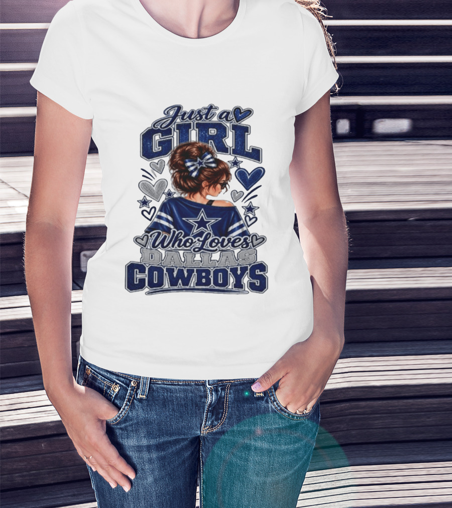 Just A Girl Who Loves Dallas Cowboys Fan Art Style Hearts And Stars T-Shirt