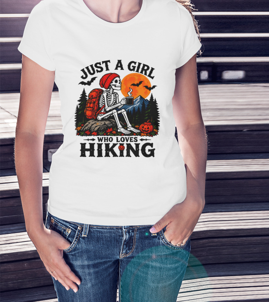 Just A Girl Who Loves Hiking Skeleton Autumn Halloween Pumpkin Bats And Coffee T-Shirt