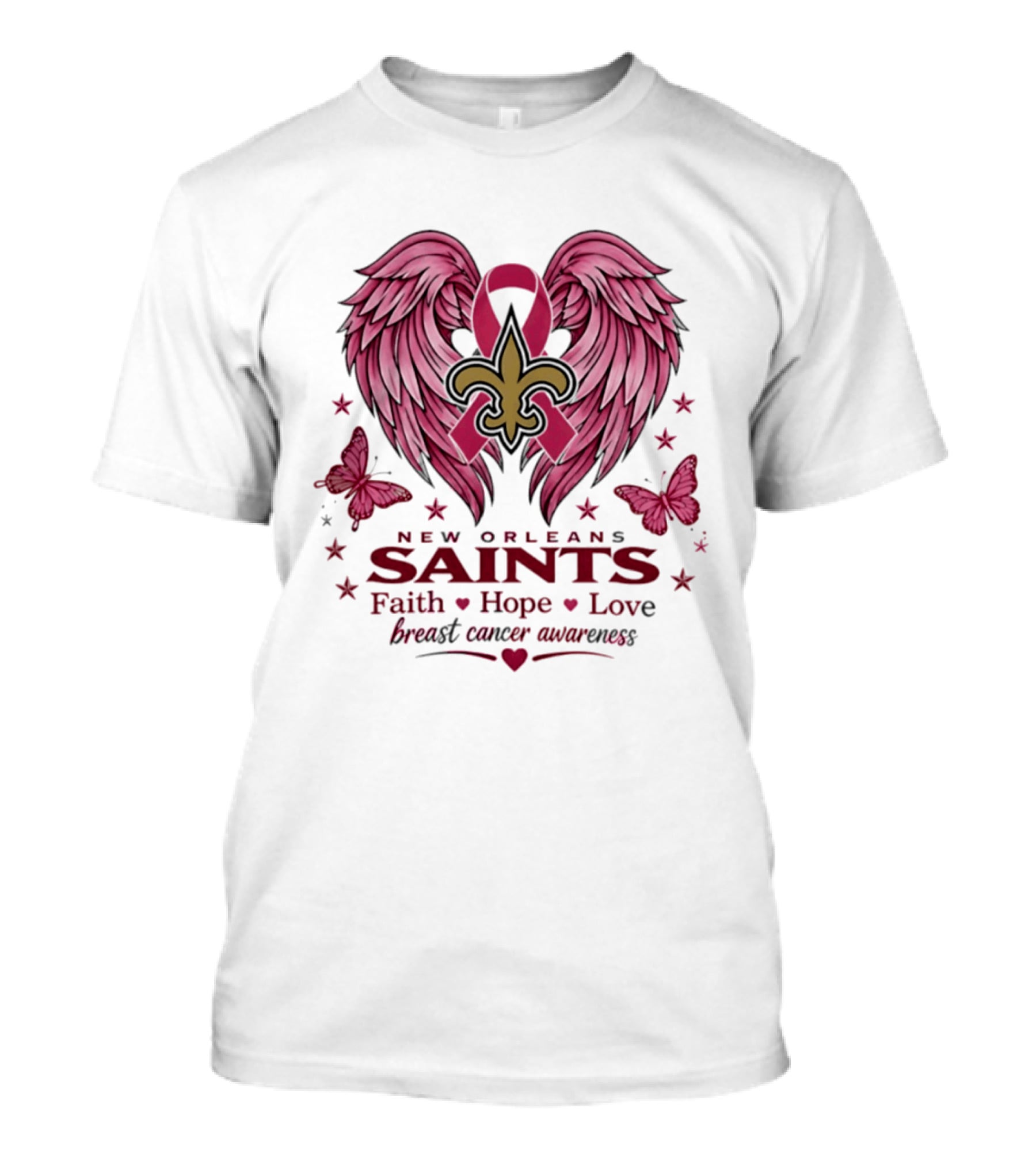 New Orleans Saints Breast Cancer Awareness Faith Hope Love Wings T-Shirt