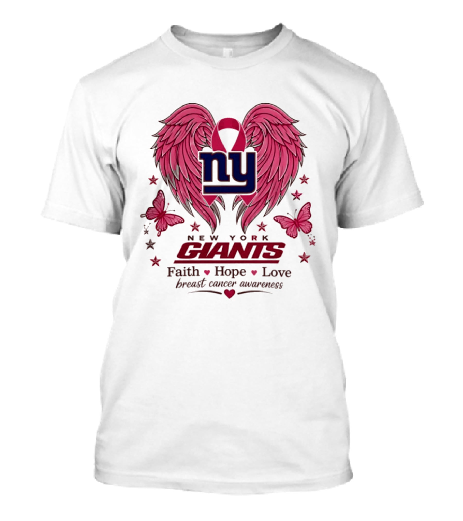 New York Giants Breast Cancer Awareness Faith Hope Love Pink Wings Ribbon T-Shirt
