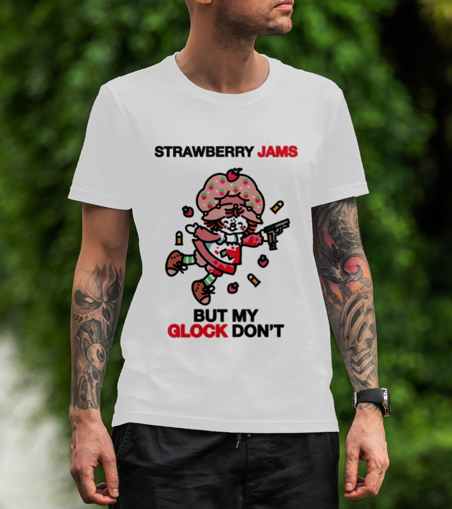 Strawberry Jams But My Glock Don't Cartoon Character With Pink Frosted Hat And Pistol T-Shirt