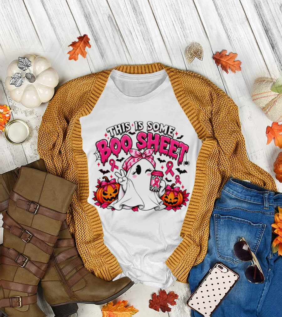 This Is Some Boo Sheet Breast Cancer Awareness Ghost Halloween Pink Ribbons Pumpkin T-Shirt