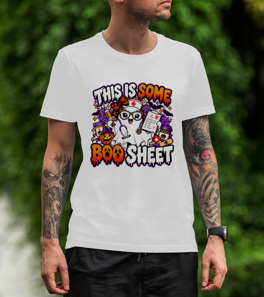 This Is Some Boo Sheet Nurse Life Spooky Shift Halloween 2026 Pumpkin Ghost Nurse Hat Glasses Bats T-Shirt