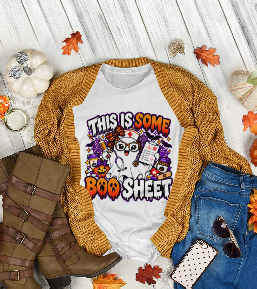 This Is Some Boo Sheet Nurse Life Spooky Shift Halloween 2026 Pumpkin Ghost Nurse Hat Glasses Bats T-Shirt
