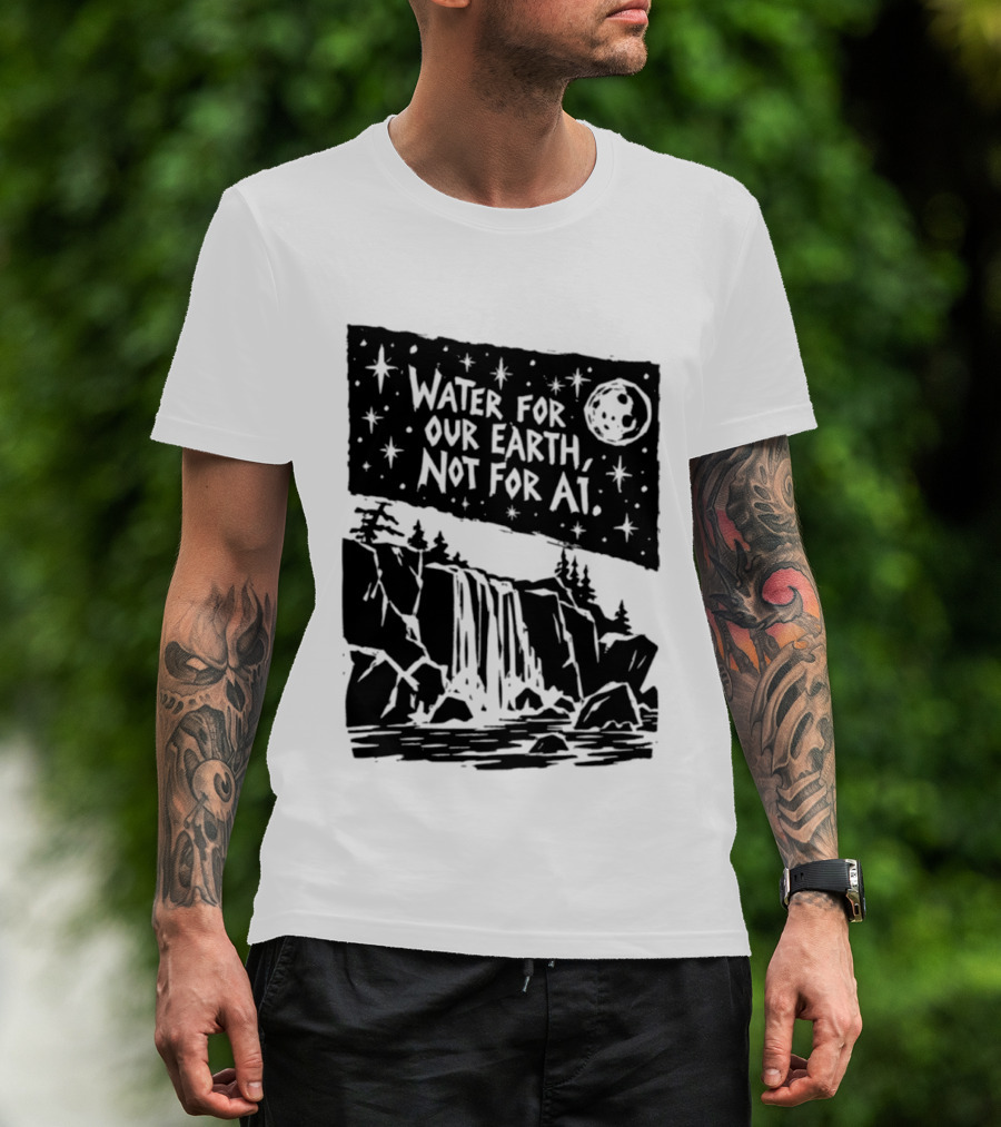 Water For Our Earth Not For AI Moonlit Waterfall Environmental Message T-Shirt