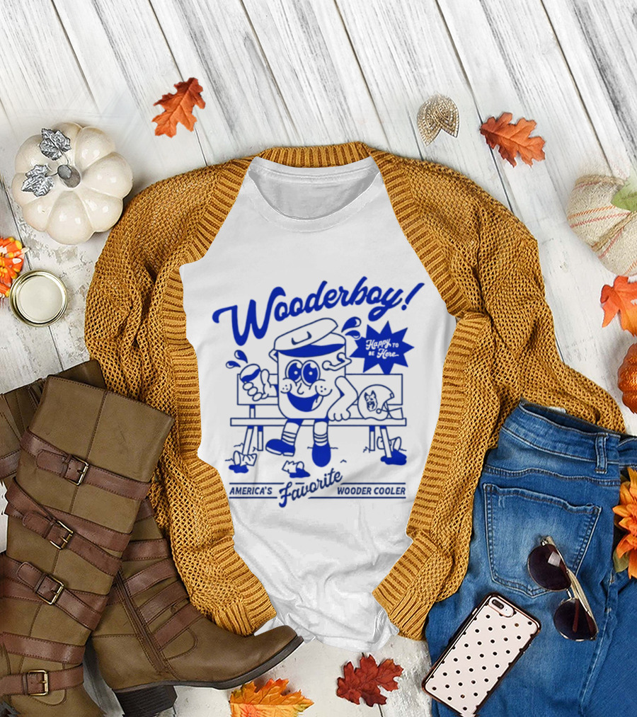 Wooderboy America's Favorite Wooder Cooler Happy To Be Here Cartoon Character Sitting On Bench With Drink T-Shirt