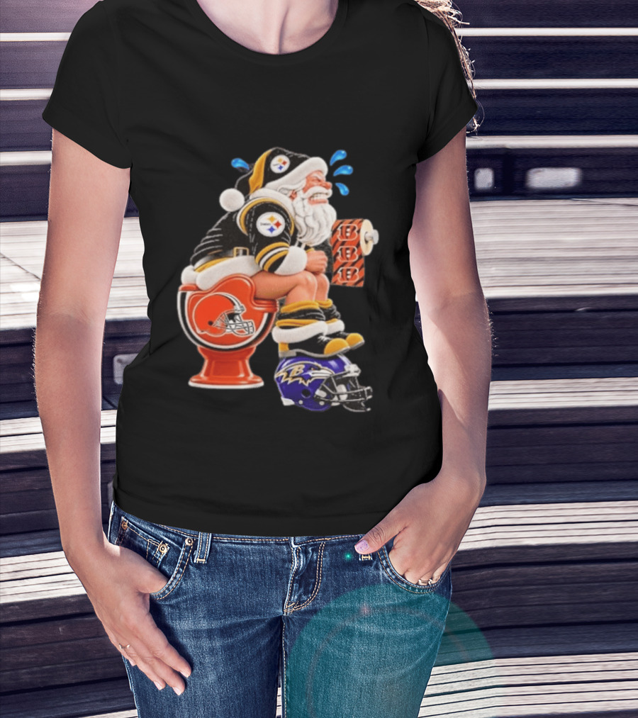 Pittsburgh Steelers Santa Christmas Cleveland Browns Toilet Baltimore Ravens Helmet Cincinnati Bengals Toilet Paper Football T-Shirt
