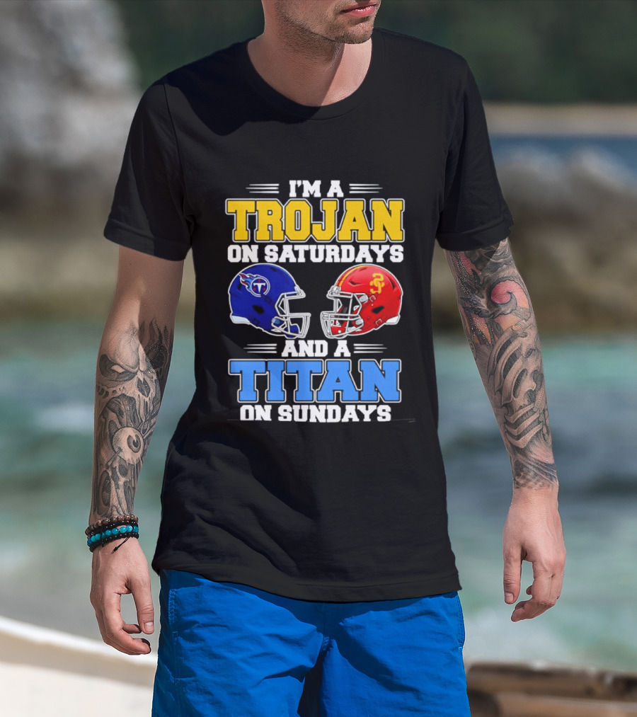 USC Trojans On Saturdays Titans On Sundays Football Helmets T-Shirt