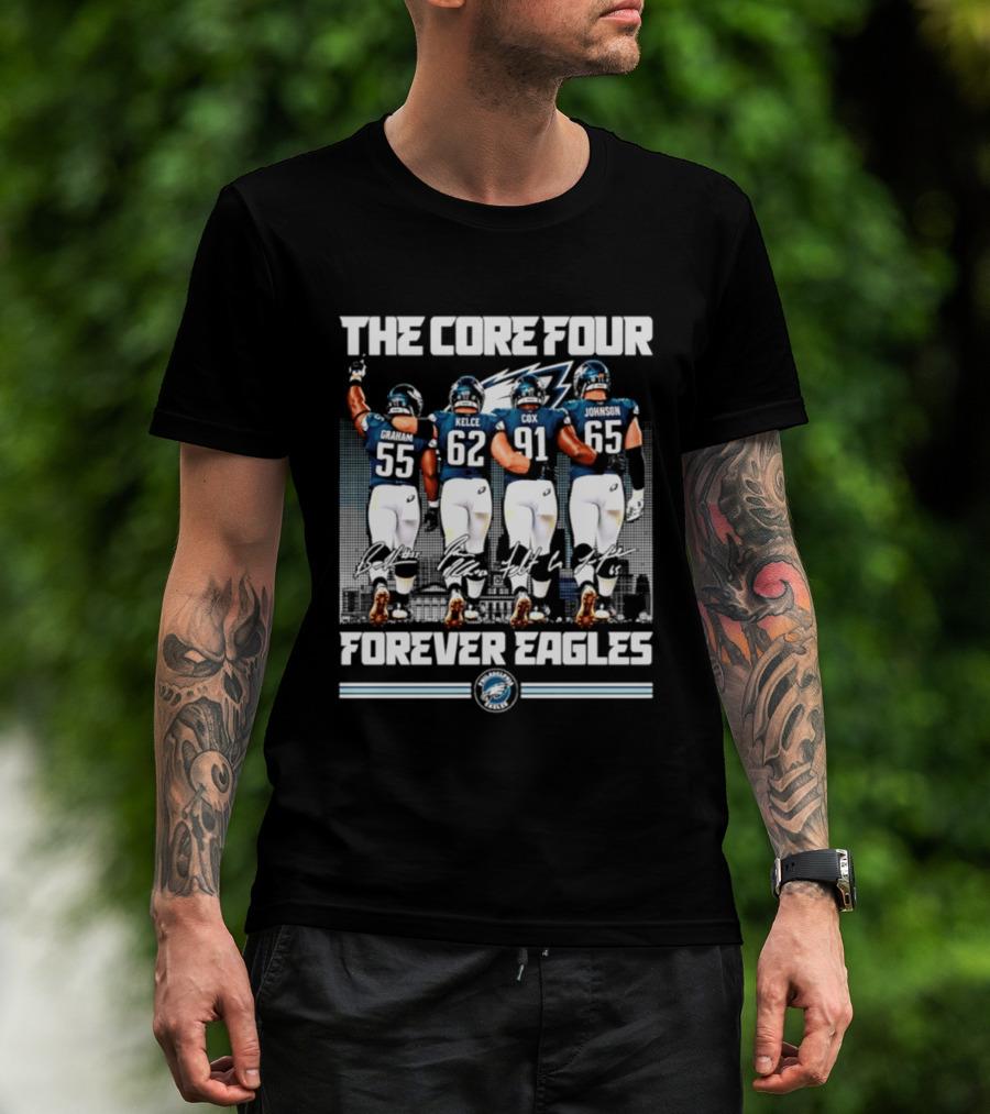 Philadelphia Eagles The Core Four Jenkins Kelce Cox Johnson Forever Legends Skyline Signatures T-Shirt