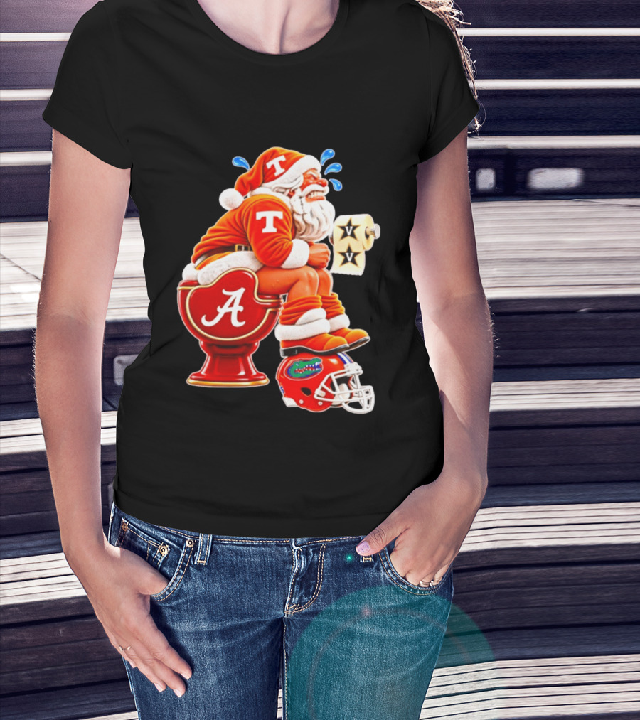 Tennessee Volunteers Santa Claus With Alabama Crimson Tide Toilet Vanderbilt Commodores Toilet Paper Florida Gators Helmet T-Shirt