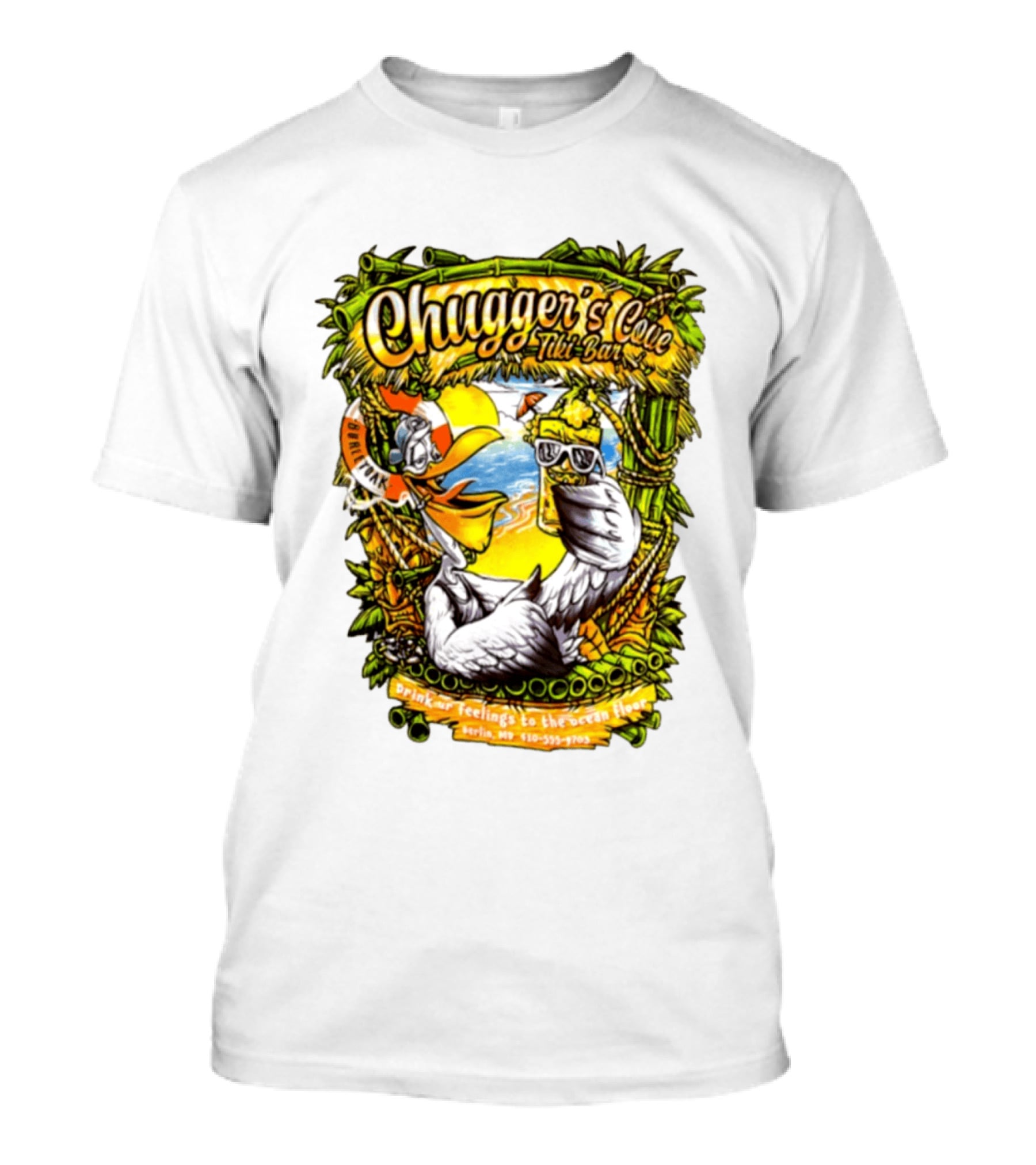Chugger's Cove Tiki Bar Beach Pelican Drink Ur Feelings Ocean Floor Berlin MD T-Shirt