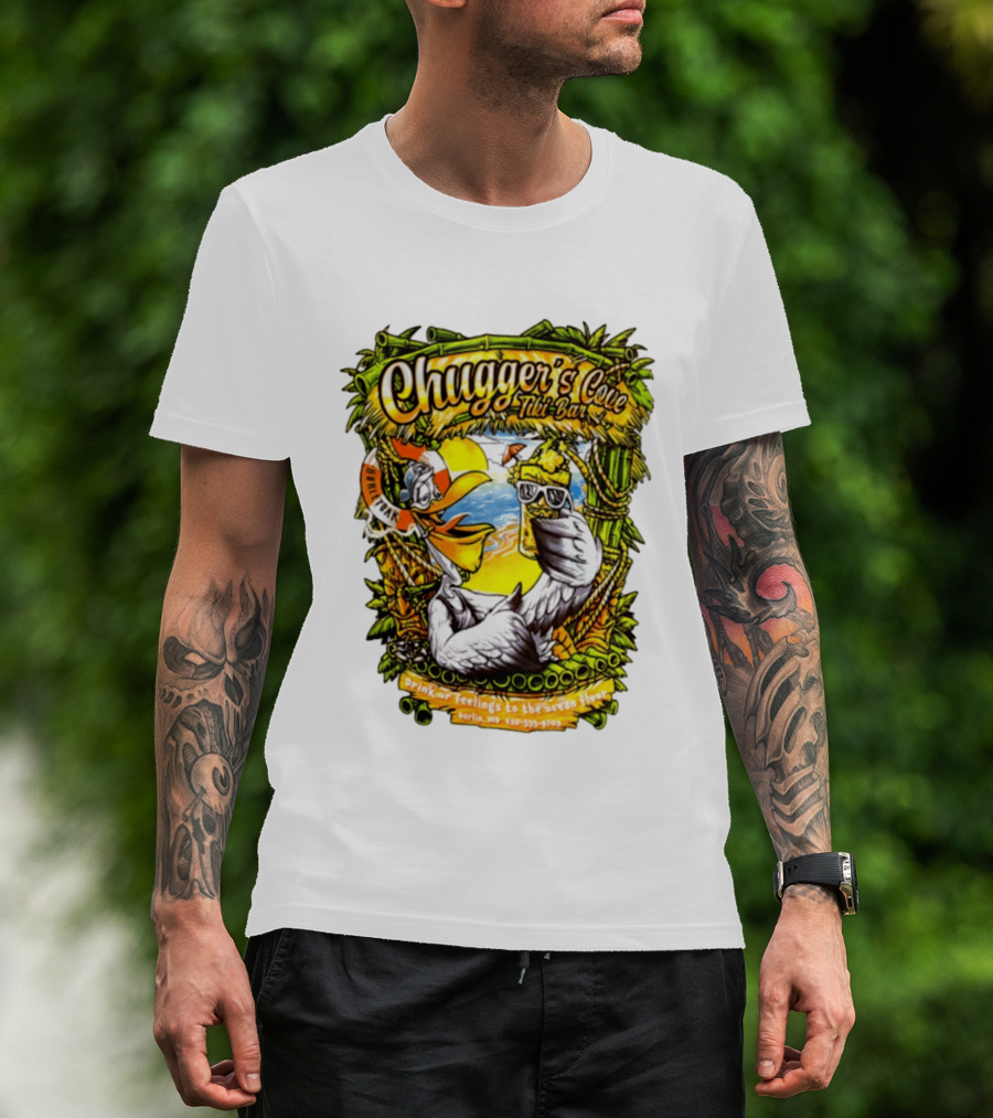 Chugger's Cove Tiki Bar Beach Pelican Drink Ur Feelings Ocean Floor Berlin MD T-Shirt