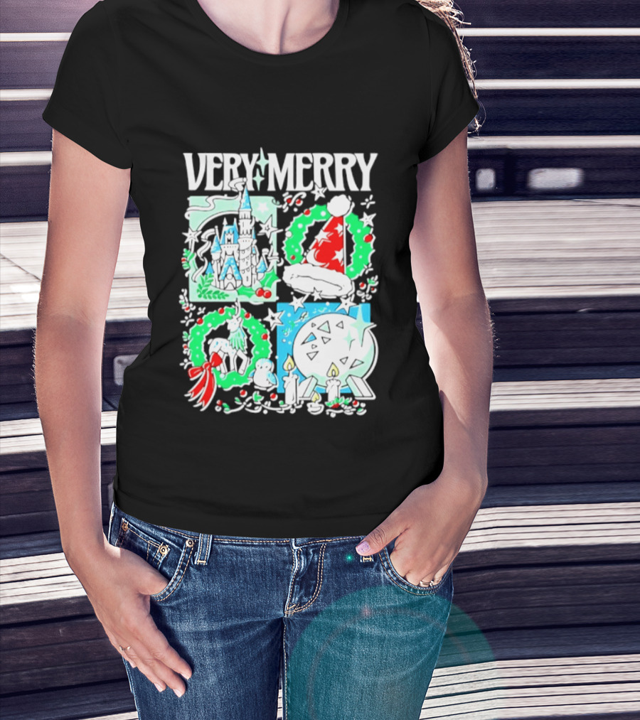 Very Merry 2026 Christmas Disney Castle Holiday Wreath And Santa Hat Candles T-Shirt
