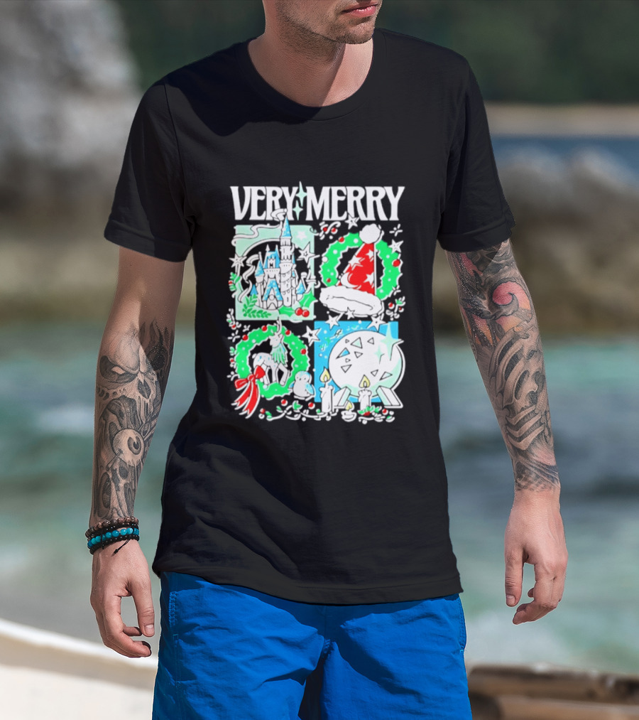 Very Merry 2026 Christmas Disney Castle Holiday Wreath And Santa Hat Candles T-Shirt