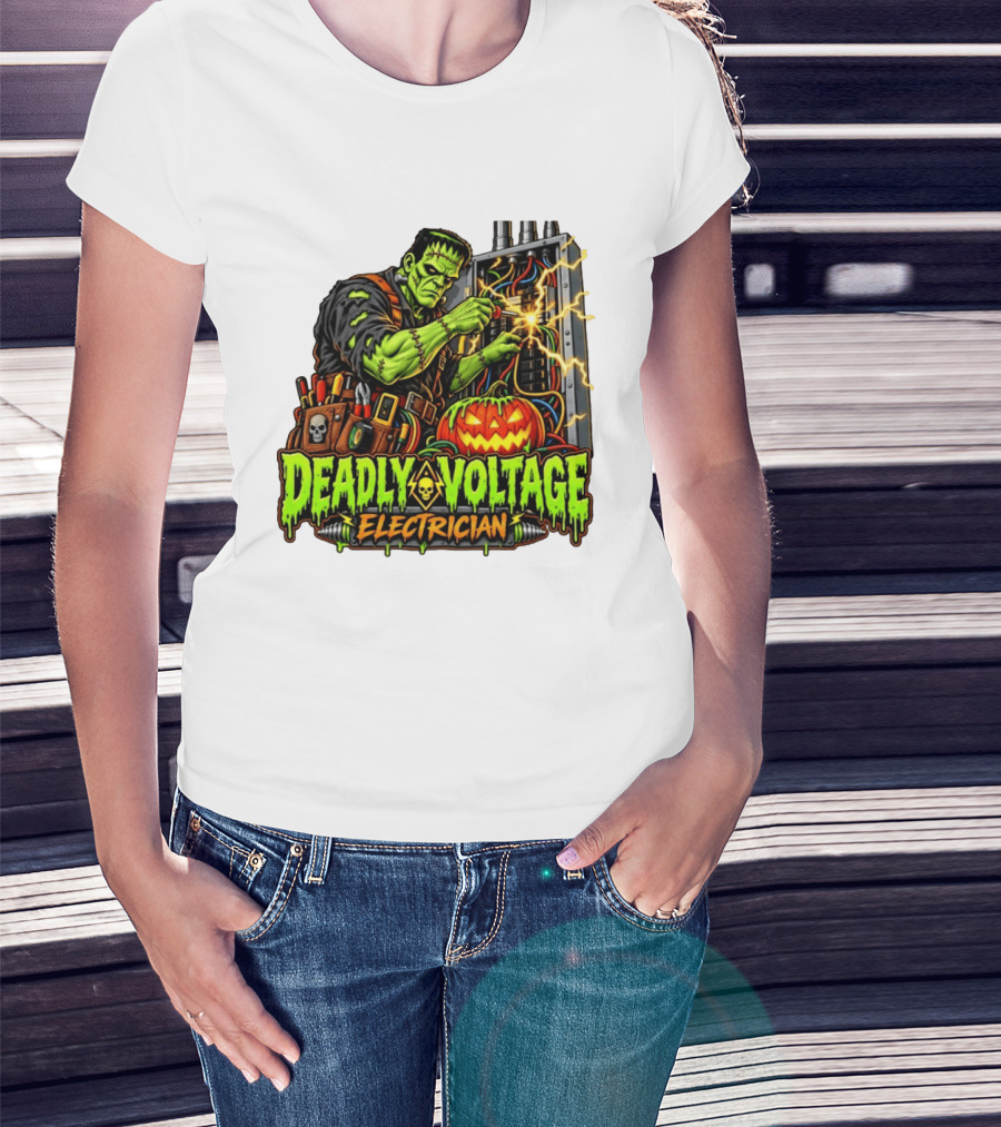 Deadly Voltage Electrician Frankenstein Halloween 2026 T-Shirt