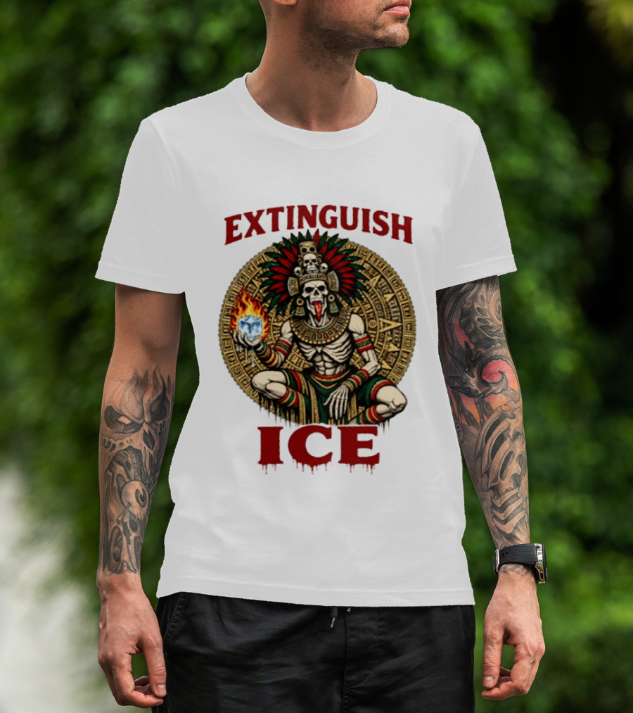 Aztec Skeleton Extinguish Ice Fire Mayan T-Shirt