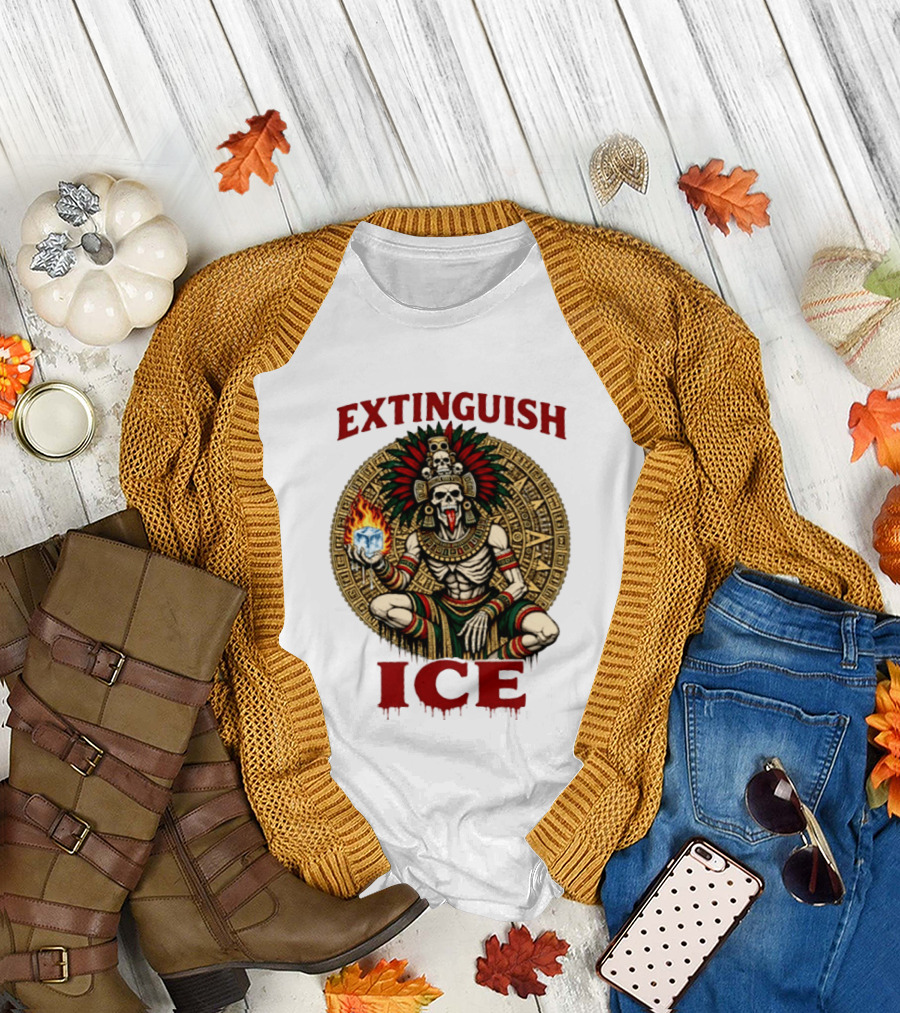 Aztec Skeleton Extinguish Ice Fire Mayan T-Shirt