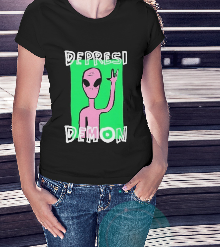 Depresi Demon Pink Alien Rock On Meme T-Shirt