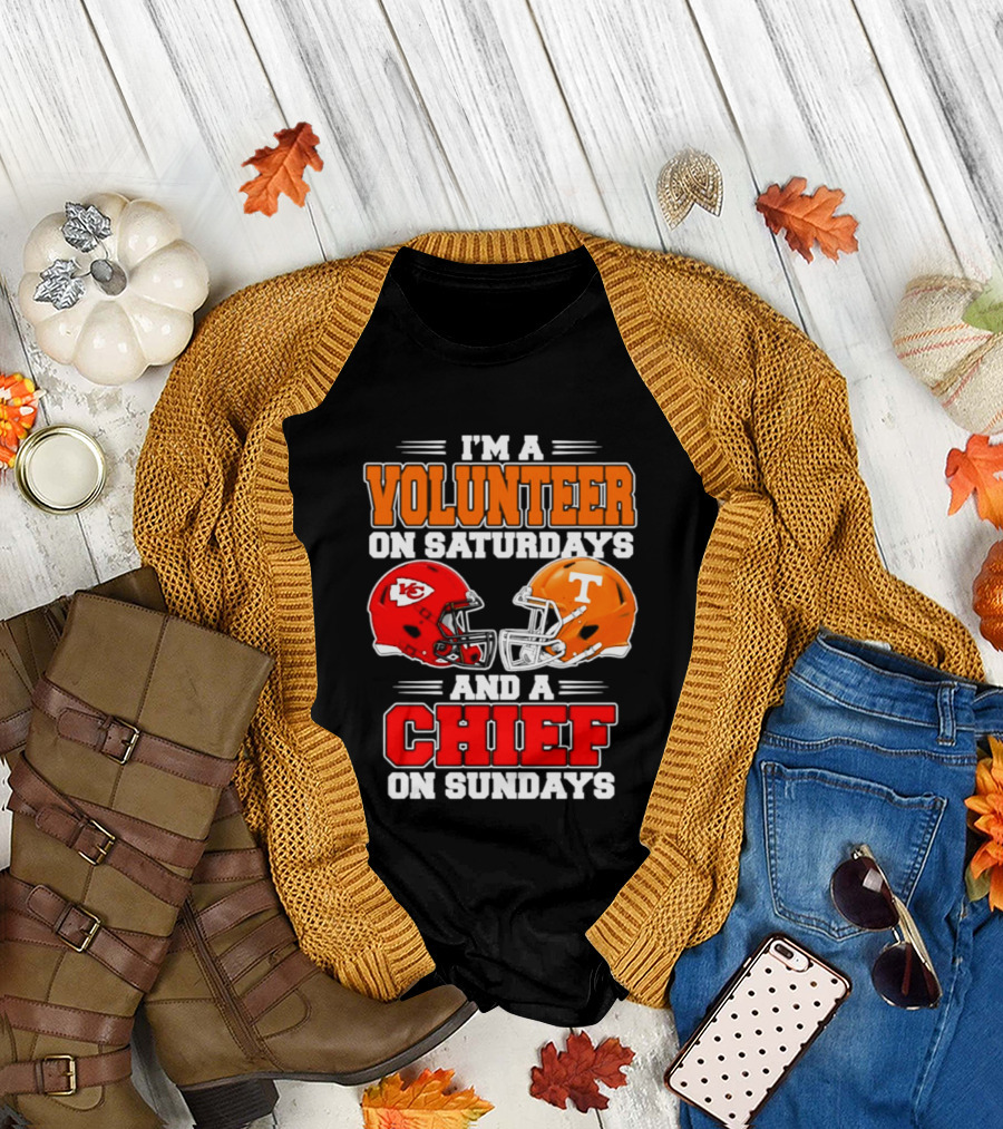 I'm A Volunteer On Saturdays And A Chief On Sundays 2026 Kansas City Chiefs Tennessee Volunteers Football Helmets T-Shirt