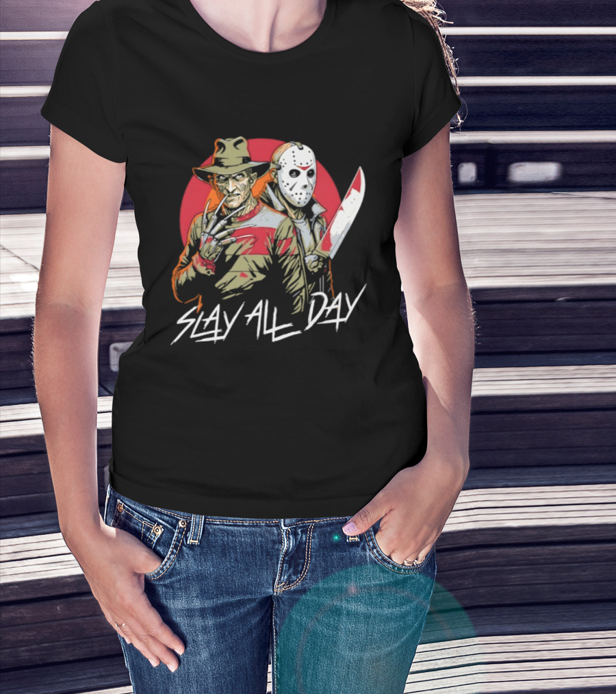 Freddy Krueger And Jason Voorhees 2026 Halloween Slay All Day Horror Iconic Duo T-Shirt