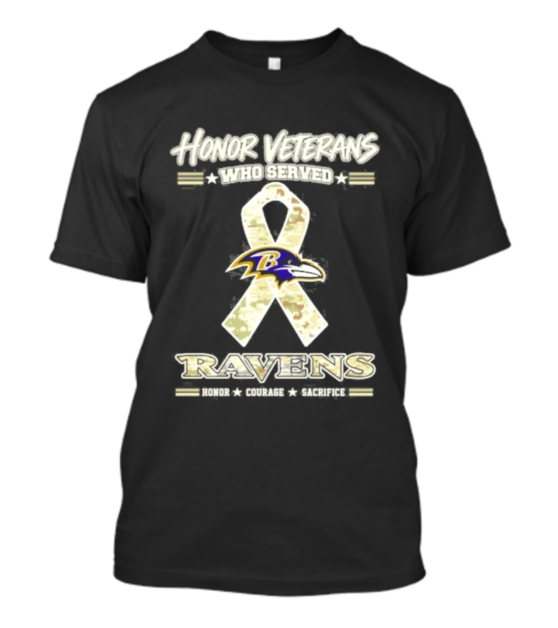 Baltimore Ravens Honor Veterans Who Served Military Camo Ribbon Salute Courage Commitment T-Shirt