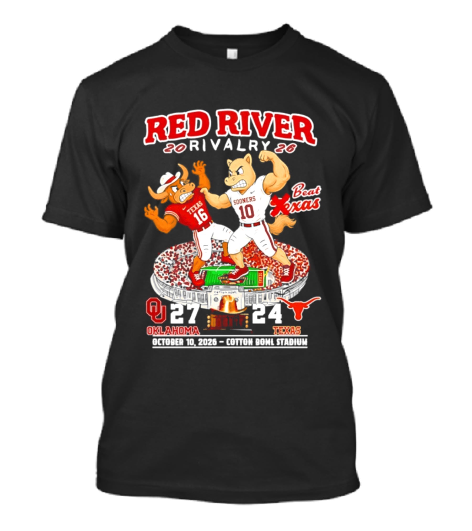 Red River Rivalry 2026 Oklahoma Sooners 27 Texas 24 October 10 Cotton Bowl Stadium T-Shirt