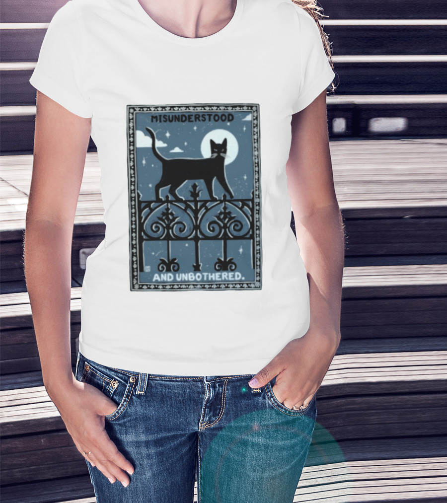 Misunderstood Black Cat Unbothered Full Moon Night Sky T-Shirt