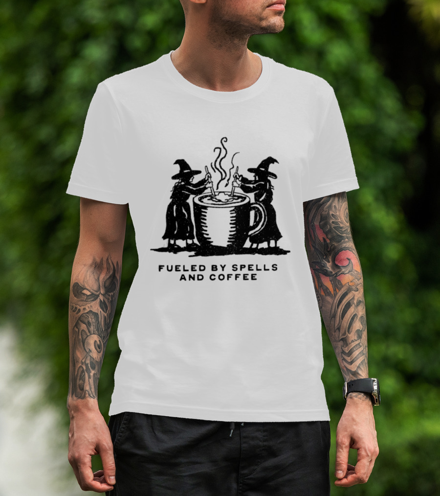 Fueled By Spells And Coffee Witch Magic Potion Cauldron Wizards T-Shirt